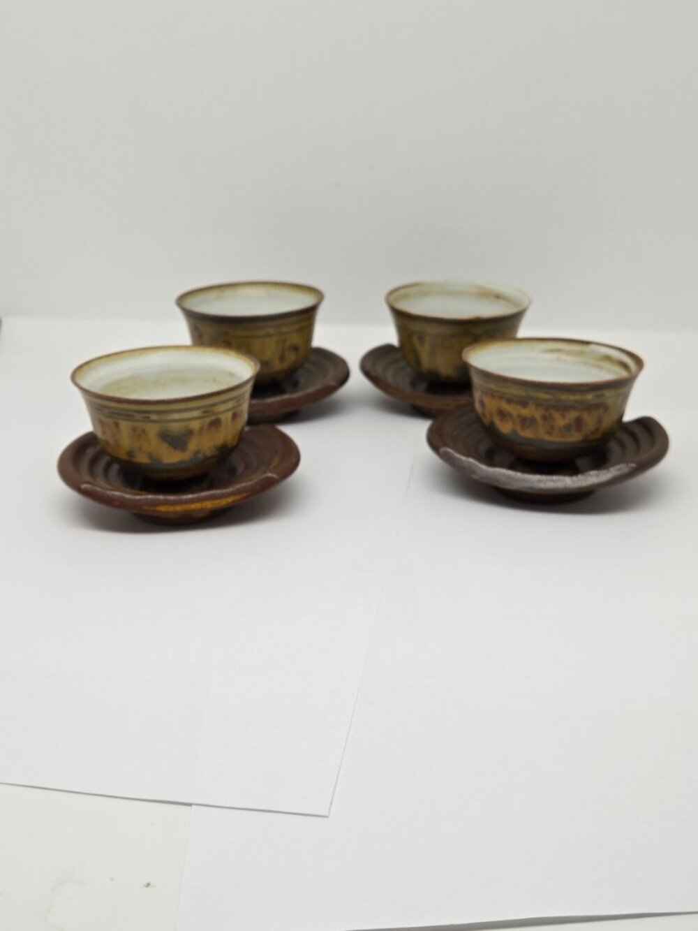 Redware Sake / Tea cups with Saucers, Brown, Yellow, Red - Picture 4 of 8